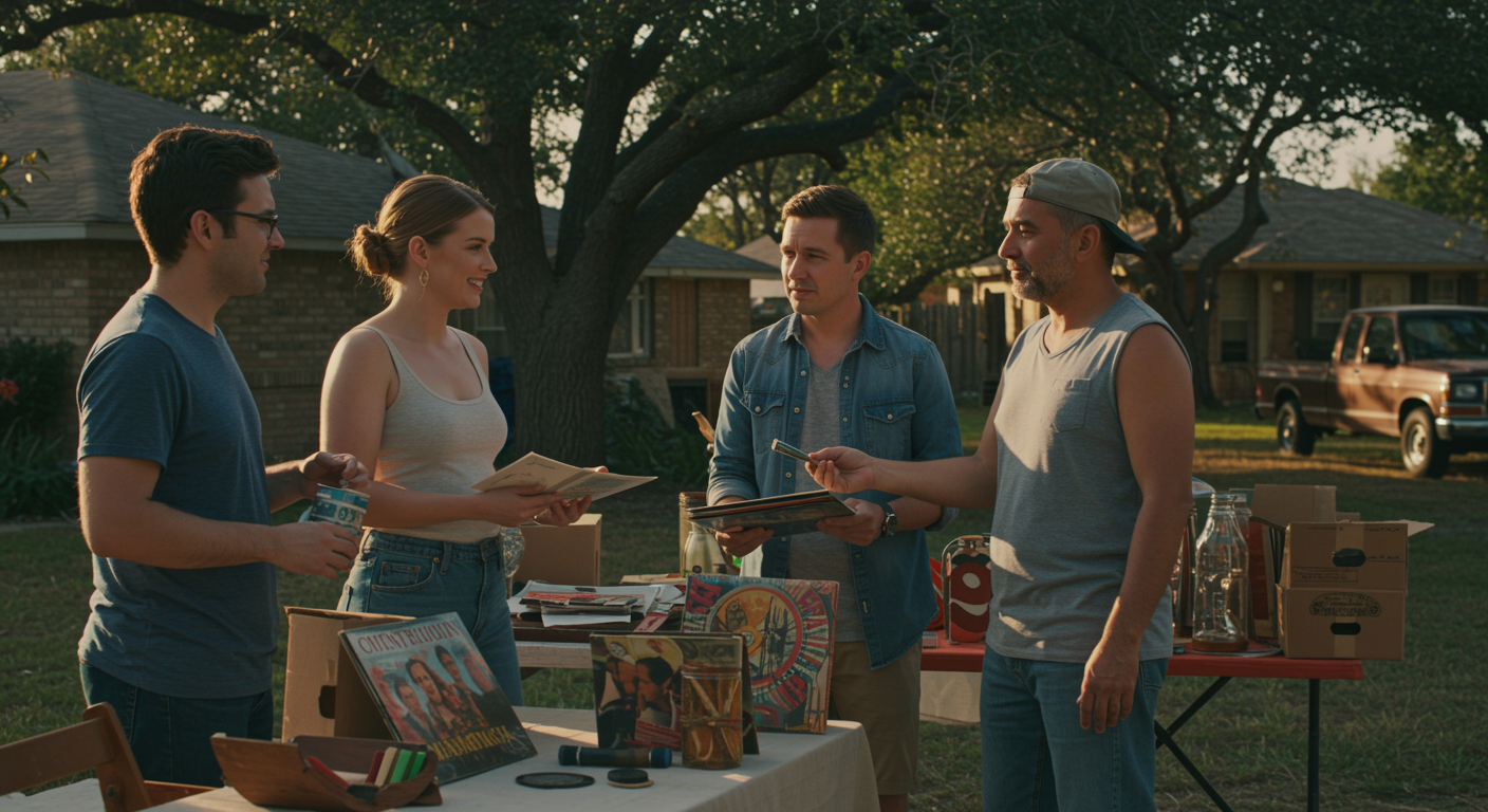 Garage sale seller with organized display