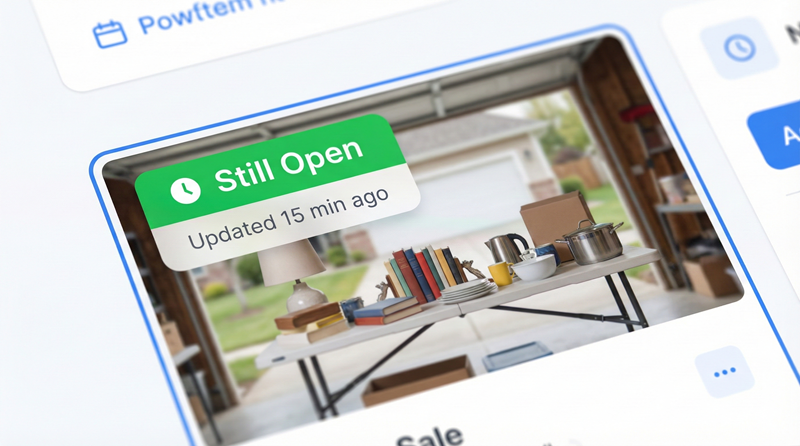 Sale status interface showing green Still Open badge with timestamp