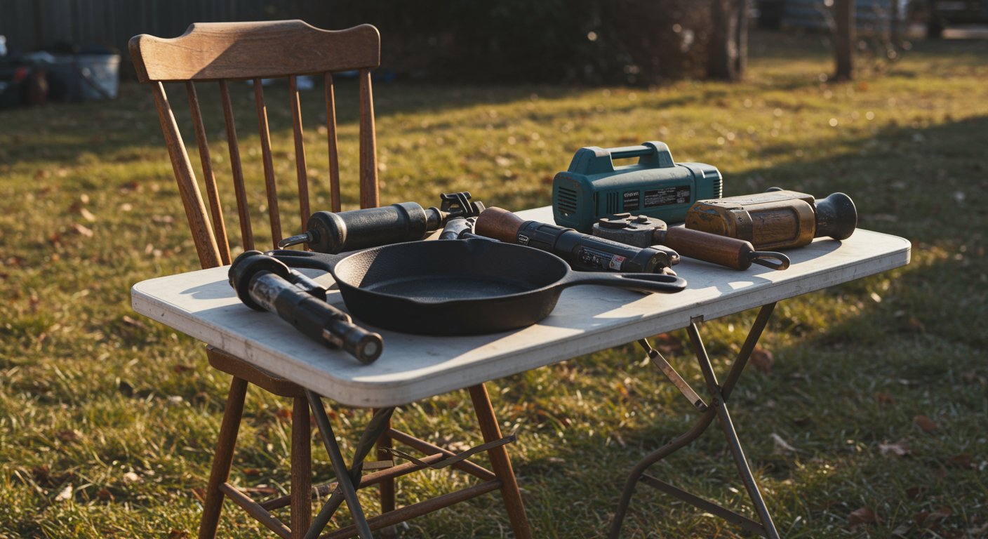 Valuable vintage items displayed on a garage sale table