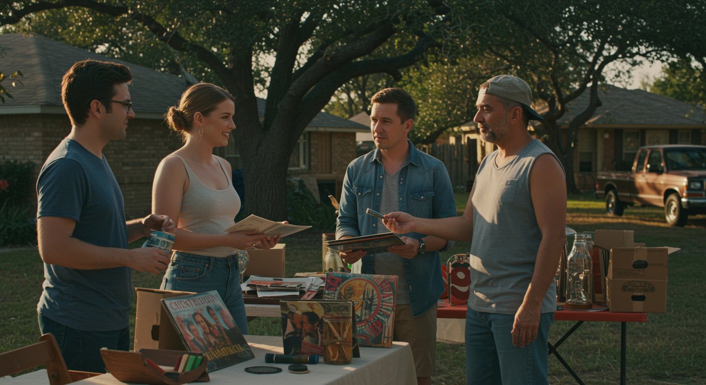 Garage sale seller with organized display