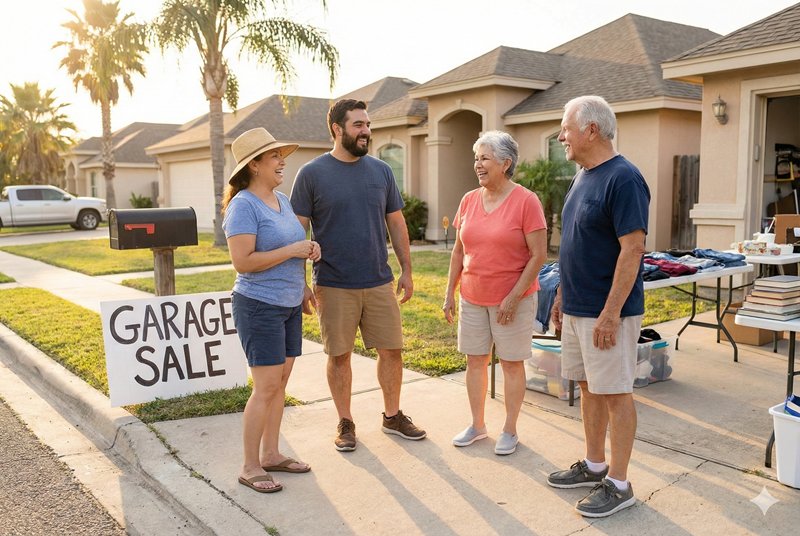 Group of neighbors chatting near garage sale sign