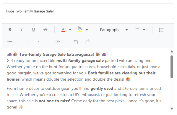 Placeholder for screenshot: A split view showing a basic, plain-text listing next to a vibrant, rich-text formatted premium listing on McAllenGarageSales.com.